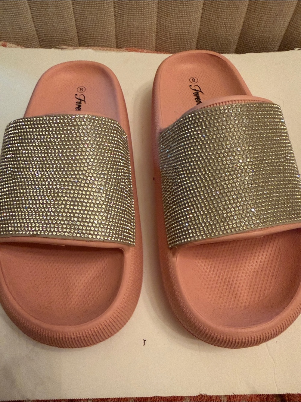 Forever Pink Slide Sandals with Rhinestone Band